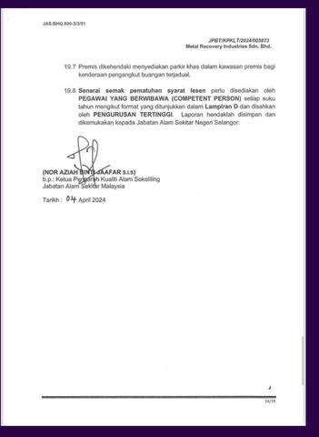 Scan of signed licence conditions, off-site recovery licence